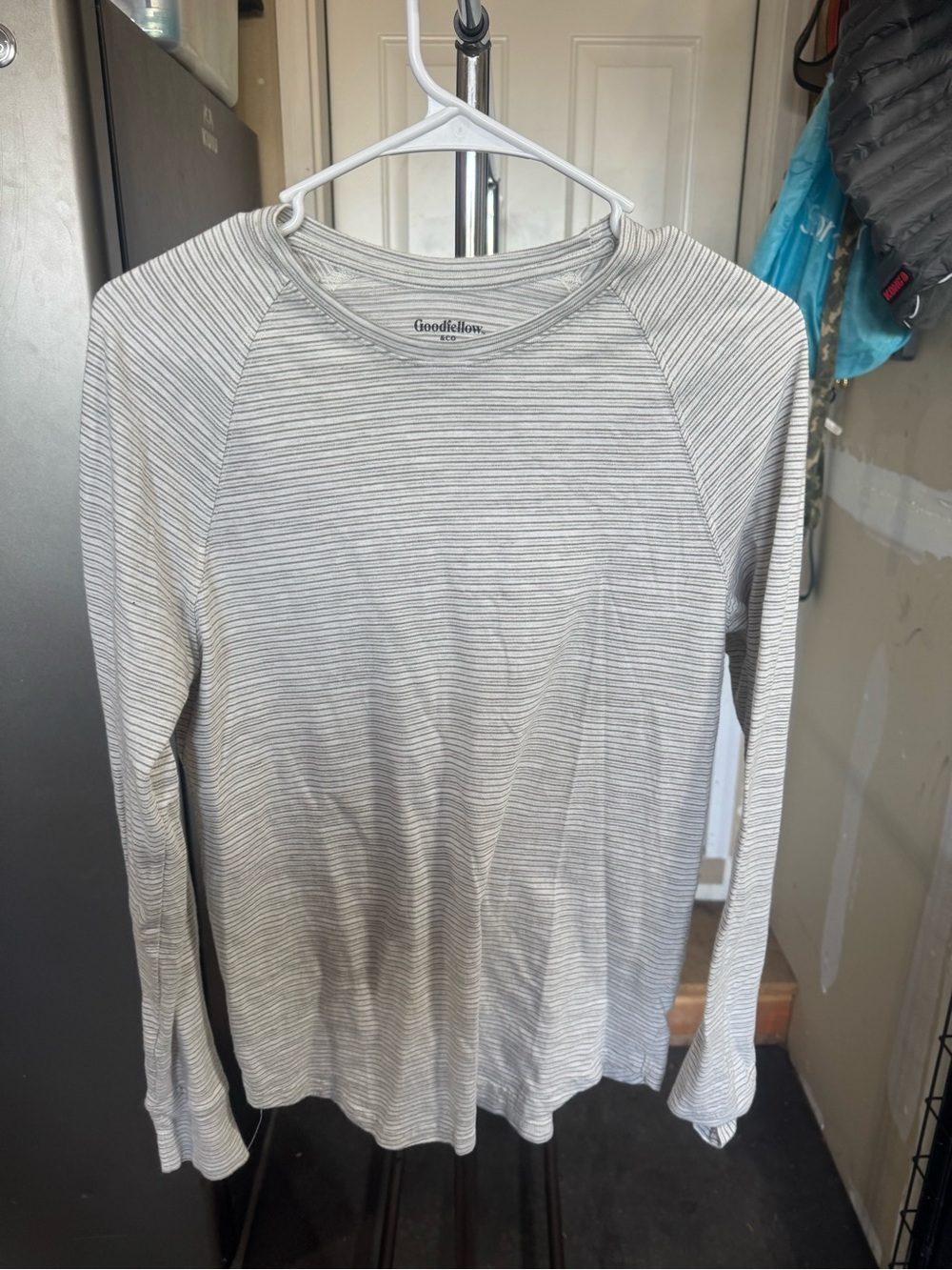 Goodfellow & Co Women's Gray and White Thin-Strip Crewneck Sweater